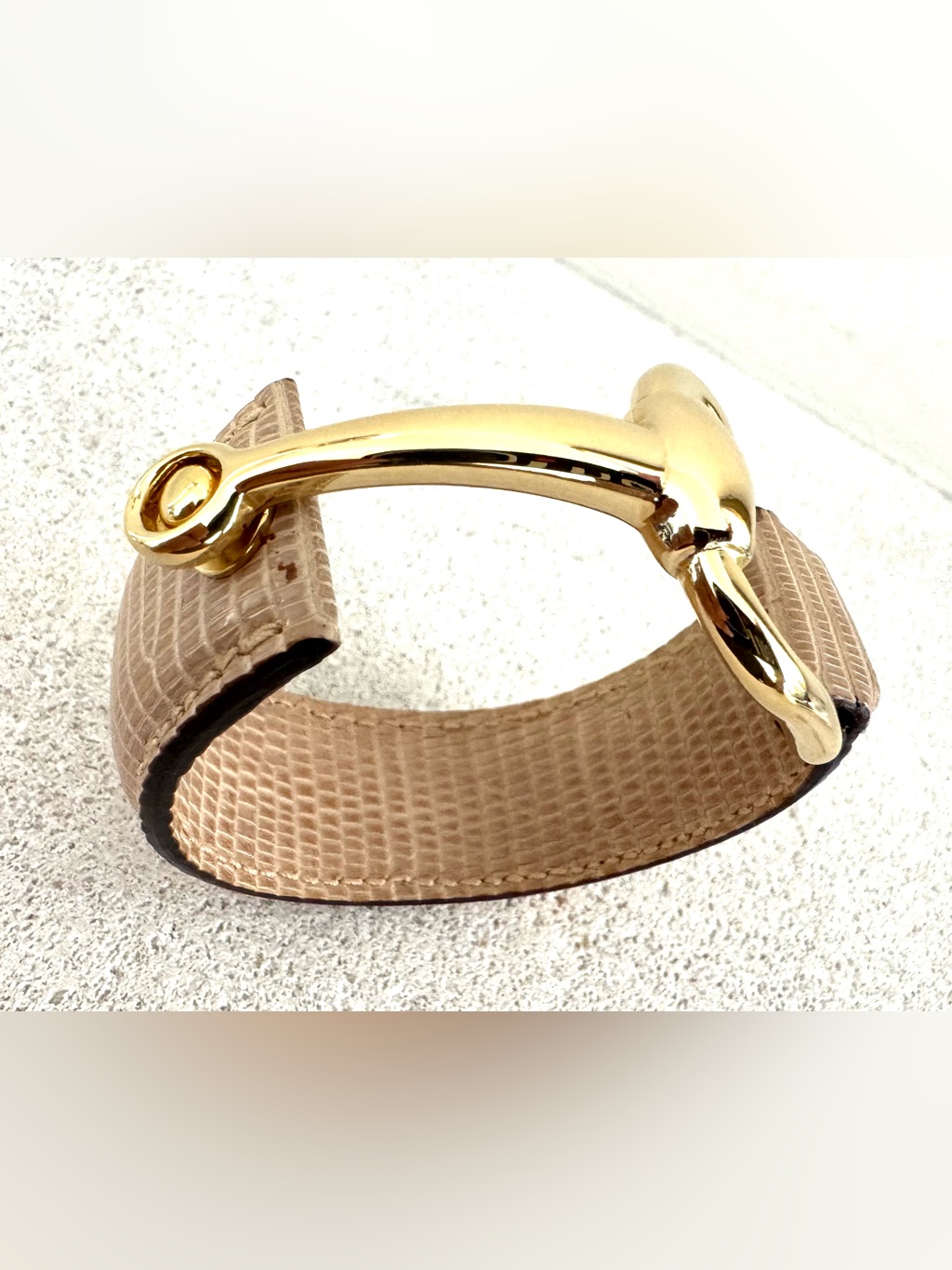 Gucci Horsebit Taupe Lizard Embossed Leather Cuff Bracelet